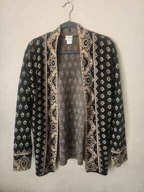 Daytrip Aztec Geometric Open Front Cardigan Sweater Women's XS Black Tan Boho